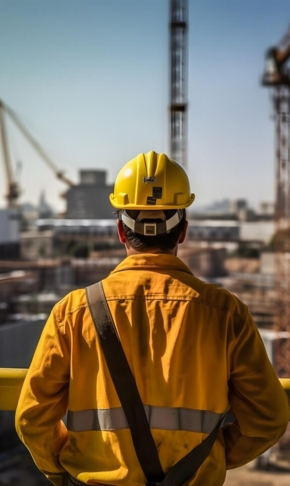 A worker in a yellow safety jacket and helmet stands with their back to the camera, overlooking a construction site with cranes in the background, representing residential construction services provided by leading house construction companies in Bangalore.