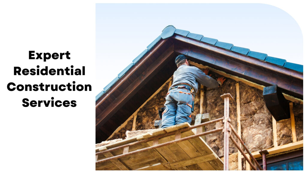 A construction worker stands on scaffolding, working on the exterior of a house under construction, with the text "Expert House Construction Companies in Bangalore" to the left.