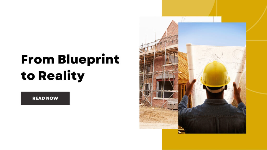 A construction worker in a yellow hard hat reads building plans in front of a partially built brick house, with the text "From Blueprint to Reality" and a "Read Now" button on the left. Discover top residential construction services and house construction companies in Bangalore today.