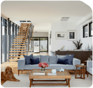 Modern living room in Bangalore featuring a blue sofa, wooden coffee table with flowers, and a golden retriever lounging comfortably. An open staircase adds elegance in the background. Expertly crafted by Sri Construction, this space showcases their attention to detail in residential house construction, emphasizing quality home construction in Bangalore