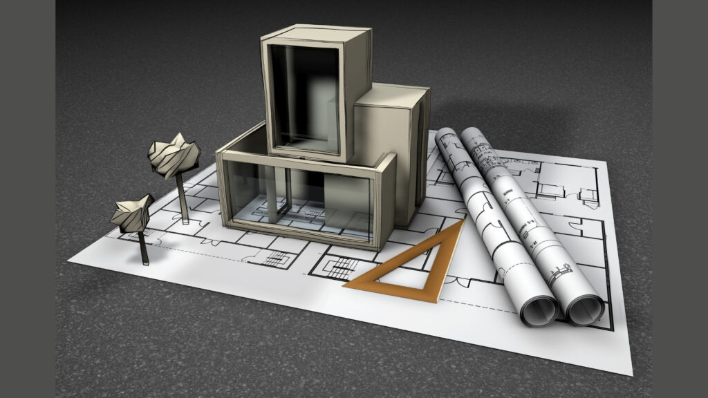 Architectural blueprint with 3D building models, a triangular ruler, and rolled-up plans on a dark surface, representing home construction contractors and home construction in Bangalore