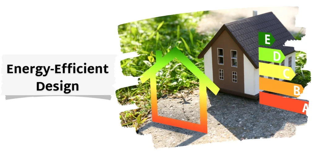 A small model house sits outdoors on a concrete path surrounded by grass, with an overlay of a house icon featuring a gradient color from green to red, symbolizing energy efficiency. The partial text 'Efficient' appears on the left side against a white background, highlighting house construction packages in Bangalore and energy-efficient construction packages in Bangalore