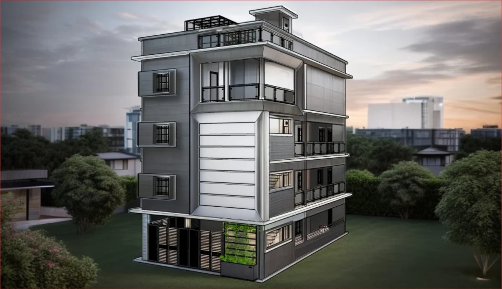 A four-story modern apartment building with a grey and white exterior, featuring large windows and balconies. Greenery is visible at one corner of the ground level, with a sunset sky in the background and a well-maintained lawn surrounding the structure. The image represents the work of house construction companies in Bangalore, offering residential construction services and house construction packages in Bangalore, executed by experienced home construction contractors specializing in home construction in Bangalore.