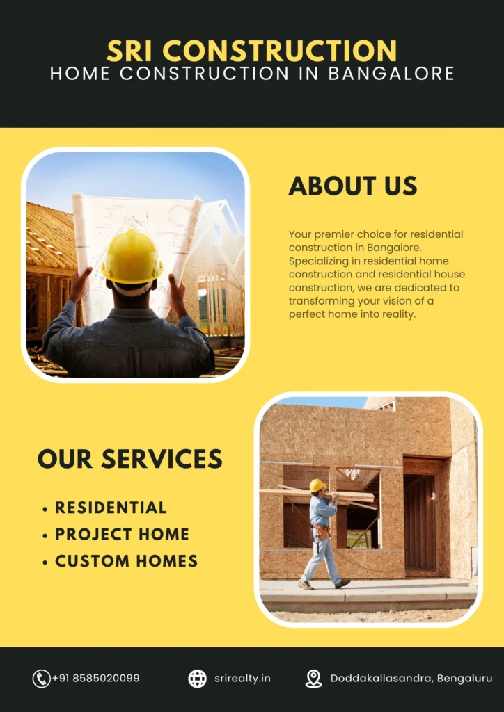 A construction worker in a yellow hard hat holds blueprints in front of a wooden house frame, while another worker lifts a wooden beam. The image includes text sections reading 'About Us' with a description, and 'Our Services' listing residential, project home, and custom homes. Highlighting the expertise of house construction companies in Bangalore, the image represents residential construction services and home construction contractors offering specialized home construction in Bangalore. Also showcasing house construction packages in Bangalore