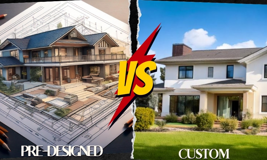 A split image compares a pre-designed house blueprint on the left and a completed custom house on the right, with 'VS' prominently displayed in the center. The left side features an intricate architectural sketch, symbolizing the structured approach of pre-designed homes, while the right showcases a beautifully finished two-story home, emphasizing the uniqueness of custom-built designs. This visual highlights the choices available for residential construction in Bangalore, where homeowners can decide between custom homes tailored to their preferences or efficient pre-designed options. The comparison 'Custom vs. Pre-Designed Homes' serves as a guide for those seeking the best residential construction solutions in Bangalore.