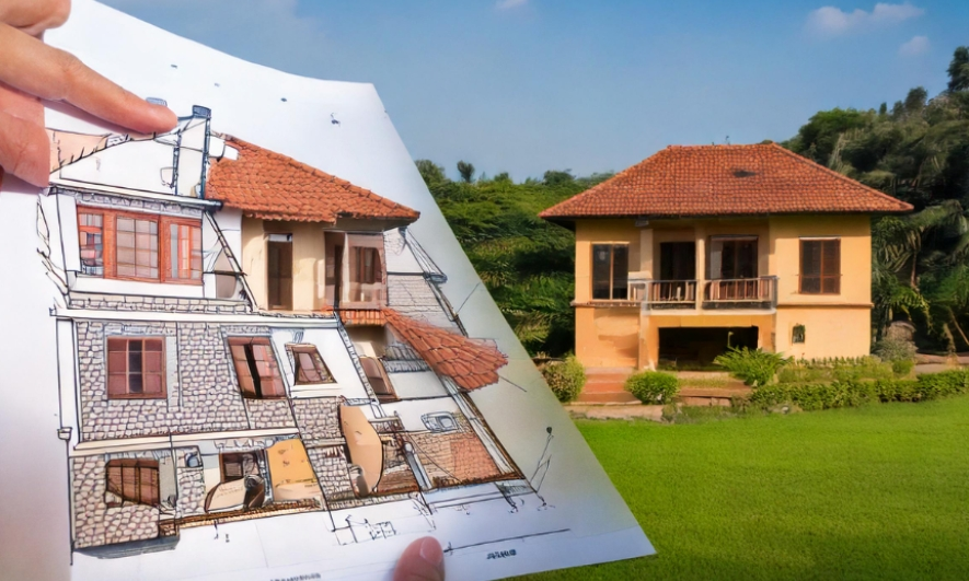 A person's hands hold an architectural drawing of a house in the foreground, illustrating the intricate planning involved in residential construction in Bangalore. In the background, the completed home stands proudly, featuring a red-tiled roof surrounded by lush green grass and trees. This image highlights the balance between custom and pre-designed homes, showcasing the expertise required to turn architectural visions into reality. Bangalore's demand for tailored residential construction solutions emphasizes the growing preference for custom homes that meet unique lifestyle needs while maintaining the timeless appeal of pre-designed homes