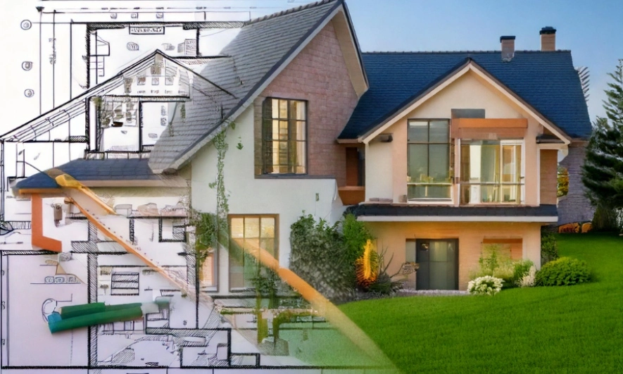 A split-screen comparison of custom vs. pre-designed Bangalore homes. The left side displays detailed architectural plans and drafting tools, symbolizing the personalized design process. The right side showcases a two-story, pitched-roof house nestled amidst lush greenery, representing the final product of custom residential construction in Bangalore