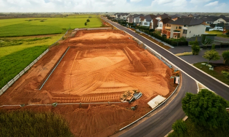 Aerial view of a new residential construction site in Bangalore. The cleared reddish-brown earth contrasts with the lush green fields and modern homes in the distance. This image highlights the decision between custom home building and pre-designed home plans in Bangalore's growing residential areas.